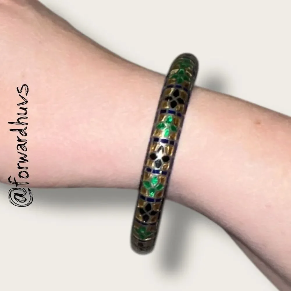 Sterling Silver Bangle – Meenakari Enamel Mosaic – 925 Marked